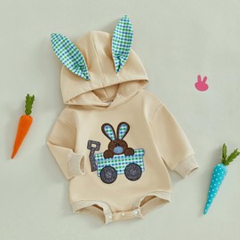 ZZLBUF Newborn Infant Baby Boy Easter Outfits Bunny Ear Hooded Romper Rabbit Carrot Long Sleeve Bodysuit Clothes Set (Beige, 0-3 Months)