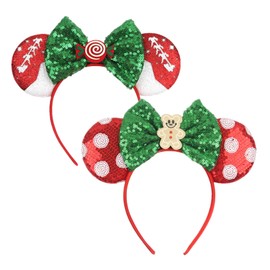 YOWOCAL 2Pcs Christmas Mouse Ear Headband for Women Girl,Gingerbread Man and Reindeer Glitter Hair Hoop Headwear Accessories for Christmas and Party Decoration