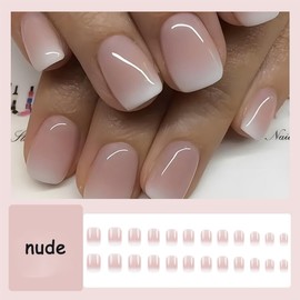 24Pcs Nude Press on Square Ombre Fake Nails - Pink & White Gradient Designs, Glossy Acrylic Finish, Full Cover Glue on Nails for Women