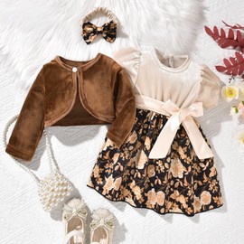 fioukiay 12-18 Months Baby Girls Dress and Velvet Cardigan Sets Infant Girls Casual Floral Print Fall Dresses Winter with Headband