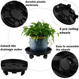 KvyusFlourish 6 Packs 11.8” Large Plant Caddy with Wheels Plant Saucers on Wheels Rolling Plant Stands Heavy-Duty Plant Dolly Plastic Planter Roller Base Pot Movers Outdoor Plant Tray Coaster, Black