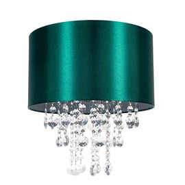 Modern and Eye-Catching Emerald Forest Green Satin Shimmer Fabric Pendant Light Shade with Hanging Transparent Acrylic Droplets | 30cm Diameter by Happy Homewares
