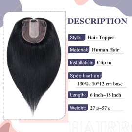 Hairro Black Hair Toppers Clip in Human Hair Topper for Women 10x12cm Large Silk Base 100% Real Remy Human Hair Realistic Hairpiece Cover Grey White Thinning Hair 12 inch Jet Black