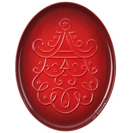 Le Creuset Stoneware Noel Collection: Oval Santa Cookie Platter, 14 oz., Cerise w/Embossed Design