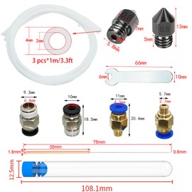 Hardened Steel Nozzle, CESFONJER 6 Pcs 0.8mm Nozzle Print Head with 3 Pcs 0.8mm nozzle cleaning needle + 3 * 1M Teflon Tube for Ender 3 1.75 Filament+ 1 Pcs 6mm Open End Wrench + PC4-M6-M10(1P+1P)