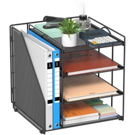 Organizador de escritorio, organizador de archivos de metal de 4 niveles para escritorio con soporte vertical para archivadores, accesorios de oficina