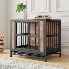 Dog Crate Furniture, Wooden Dog Crate Table, 27.48" Dog Kennel with 2 Sliding Doors and Thick Iron Door Frame, Decorative Pet Crate House for Small Dog Indoor Use(Rustic Brown)