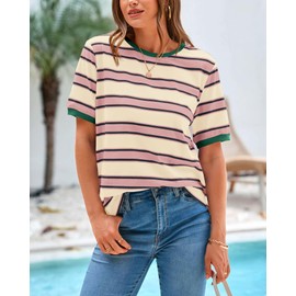 BTFBM Womens Summer Tops 2025 Crewneck Short Sleeve Striped T Shirts Casual Loose Lightweight Color Block Basic Tee(Pink Apricot, Medium)