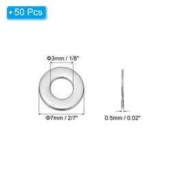PATIKIL 304 Stainless Steel Flat Gasket, 50 Pack 1/8" ID x 2/7" OD x 0.02" Thick Metal Fender Washers Small Washers for Screws Bolts Assortment