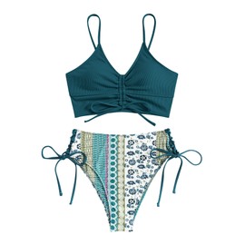 ZAFUL Women V Neck Bikini Set Ruched Tie Front High Waisted Floral Print Ribbed 2 Piece Bathing Suit Swimsuits, Peacock Blue, Medium
