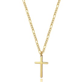 14K Gold Filled Cross Necklace for Men Figaro Chain Stainless Steel Plain Polished Cross Pendant Necklace Simple Faith Jewelry Gift for Women 24"