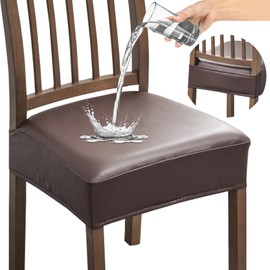 Alishomtll PU Chair Seat Covers for Dining Room Set of 4, Stretch Leather Waterproof Chair Seat Slipcovers, Removable Washable Dining Chair Covers Kitchen Seat Protector (Rear-Covered, 4pcs Coffee)