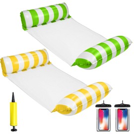 Suffolly Pool hammock foldable striped floating row - 2 packs + yellow pump + 2 waterproof bags (A)