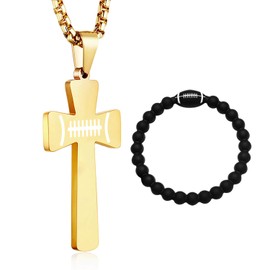 XIEXIELA Football Cross Pendant Necklace for Boys,Football Silicone Bracelets,I CAN DO All Things Strength Bible Verse Stainless Steel Necklace Gold