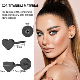 Artskin Women Flat Back Heart Earrings Non-Nickel Heart Earrings Titanium Hypoallergenic Girls Cartilage Earrings Stud for Sensitive Ears Simple Classic 5mm Screw On Earrings (Heart - Black)