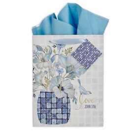 Christian Art Gifts Large Portrait Inspirational Scripture Gift Bag, Tag & Wrapping Tissue Paper Set for Women: Love John 3:16 Encouraging Bible Verse, Satin Ribbon Handles, White/Blue/Gold Floral