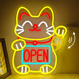 Jeanchrl Waving Lucky Cat Neon Sign Open LED Signs for Japanese Room Decor Dimmable Fortune Cat Neon Light for Restaurant Ramen Shop Boutique Maneki Neko Light Up Sign Shop Decor Business Openings