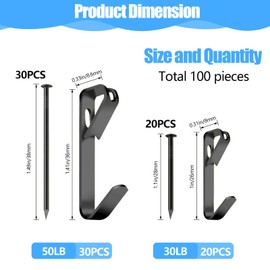 Picture Hangers, 100 Pieces Picture Hanging Kit Including 30lb and 50lb Picture Hanging Hooks, Picture Hooks with Nails for Hanging Pictures, Picture Frames, Clocks on Drywall and Wood Walls (Black)