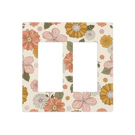 Boho Flower Floral 2 Gang Double Rocker/GFCI Light Switch Cover Decorative Outlet Wall Plate Electrical Faceplate Vintage Retro Burnt Orange Blossom Botanical Home Bedroom Art Panel Decor Screwless