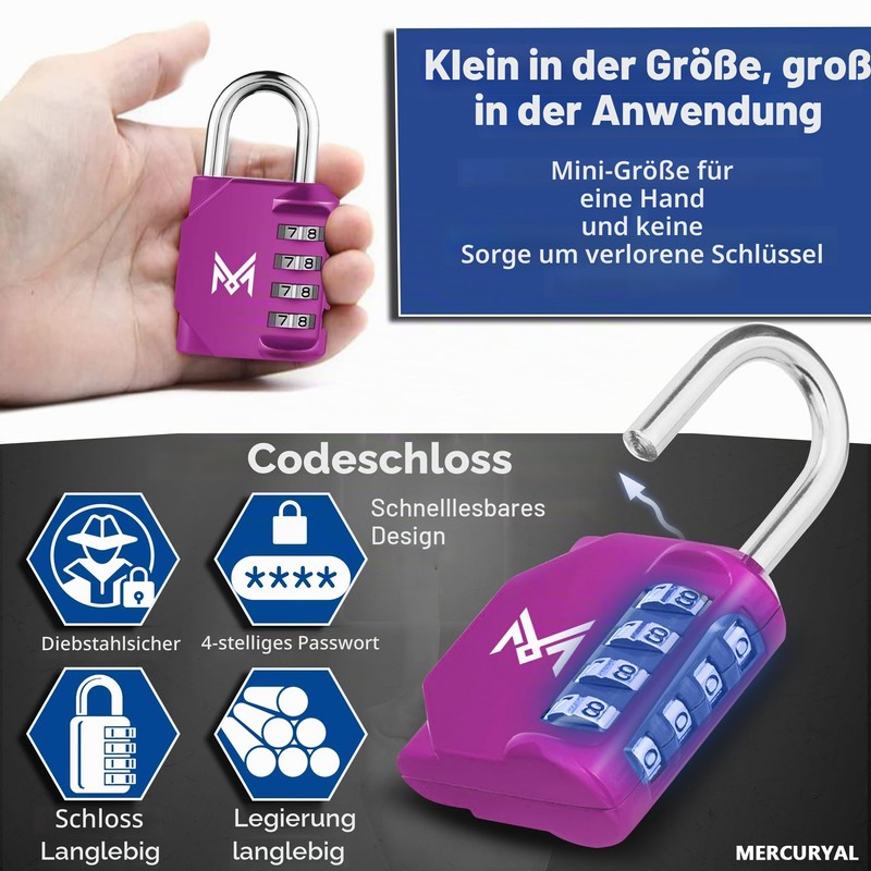 MERCURYAL Padlock Combination - Lock Lock - Security 4 Numbers