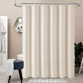 BTTN 60 Inch Stall Shower Curtain - Boho Farmhouse Linen Weighted Fabric Shower Curtain Set with 10 Plastic Hooks, Narrow Bohemian Country Decorative Shower Curtains for Bathroom - 60x72 - Cream/Beige