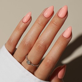 KQueenest Coral Pink Press on Nails Short Almond, Short False Nails with Glue, Solid Peach Orange Fake Nails Press ons Stiletto, Glossy Opaque, Reusable Soft Gel Stick on Nail for Women, 30 Pcs