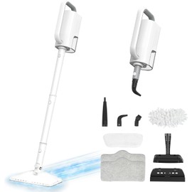 6-in-1 Steam Mop, 1200W Rotated Steam Cleaner for Home, 2 Modes, 400ML Removable Tank, 23FT Cord, 2 Washable Pads, Multi-Surface Steamer for Hard Floor, Laminate Floor, Tiles Cleaning (Pearl White)