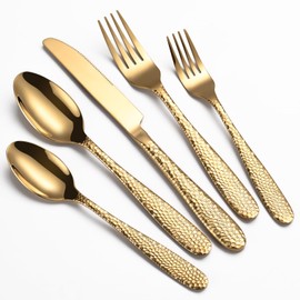 Gold Hammered Silverware Set, 40-Piece Heavy Duty Stainless Steel Flatware Sets for 8, Food-Grade Cutlery Set for Home Restaurant, Mirror Polished, Dishwasher Safe