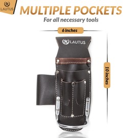 LAUTUS 5 Pockets Pliers & Hammer Holder| Oiled Tanned Leather Holder |Carpenter, Construction, Framers, Handyman| Heavy Duty|