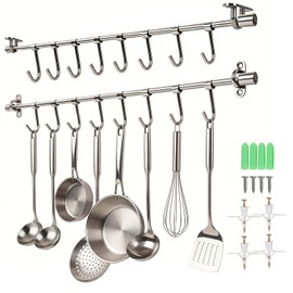 Funnacle 20" Kitchen Utensil Rack with 8 Sliding Hooks, 304 Stainless Steel Kitchen Rail with Hooks, Utensil Hanging Rack Wall Mounted, Pots and Pans Hanging Rack 2 Packs