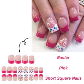 Easter Press on Nails Short Square Fake Nails with Cute Rabbit Design Gel Glue on Nails Pink French Tip Nails Press ons False Nails Full Cover Acrylic Nails Glossy Stick on Nails for Women Girls