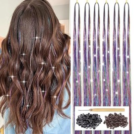 Kit de oropel para el cabello colorido con herramienta 6 piezas, 1200 hebras, extensiones de cabello de oropel brillantes, resistentes al calor, brill