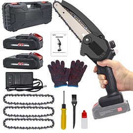 HAJACK Mini Chainsaw 6-Inch, Cordless Saw With 3 Chains, 2 Batteries & A Charger, Electric Battery Chainsaw, Hand Held Power Chain Saws for Tree Trimming & Wood Cutting, Small Rechargeable Chain Saw