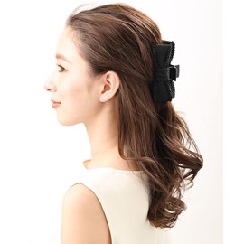 Vingtaine H7651-BK- Hair Claw Ribbon, Beaded, Trim, Bicolor Hair Clip, Hair Clip, Tweed, Elegant, Hair Accessory, Adult Casual, Present, Gift