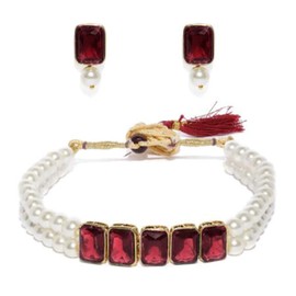 Aheli Maroon Crystal Pearl Choker Necklace with Round Earrings Indian Traditional Bollywood Jewelry Set for Women