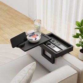 Wealone Mini Couch Arm Table for Narrow Armrest, Bamboo Sofa Arm Tray with Storage Box, Rotating Tabletop & Phone Stand, Adjustable Sofa Arm Table Clip for Snacks or Dining, Width of Armrest 1-7 Inch