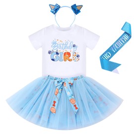 FYMNSI Baby Kids Girls 1st 2nd 3rd 4th 5th 6th Birthday Outfit Short Sleeve Top + Tutu Skirt + Headband + Sash 4-Piece Set, blue
