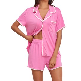 Famulily Womens Button Down Pajama Sets Two Piece Outfits Modal Cotton Short Sleeve Lounge Sets Notched Collar Top Pink L
