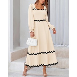 BTFBM RIC Rac Dress Women Maxi Dress Square Neck Long Sleeve Smocked Tie Back A-Line Flowy Fall Wedding Guest Dresses(Solid Beige, Large)