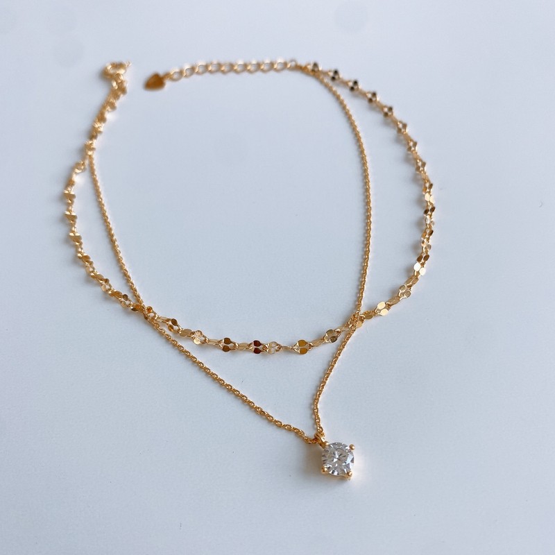 18k sparkling shining chain cubic two-line silver anklet pink gold