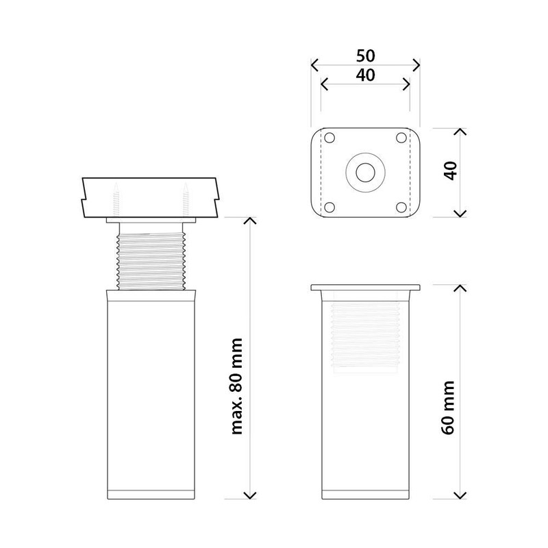 Furniture feet MFV1-CH. Colour: Chrome, Square profile: 40 mm x