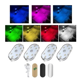povtii 4 PCS Wireless Led Lights for Car Interior, 7 Colors Magnetic Auto Ambient Light with 6 Bright LED Lamp Beads, USB Rechargeable Vehicle Led Night Light, Car Accessories (Colorful)