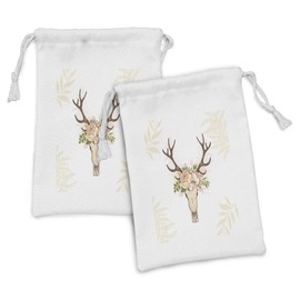 Lunarable Antler Fabric Pouch Set of 2, Horns Soft Flowers Bouquet Spring Nature Theme Rustic Nature Design, Small Drawstring Bag for Toiletries Masks and Favors, 9" x 6", Peach Pale Pink Brown