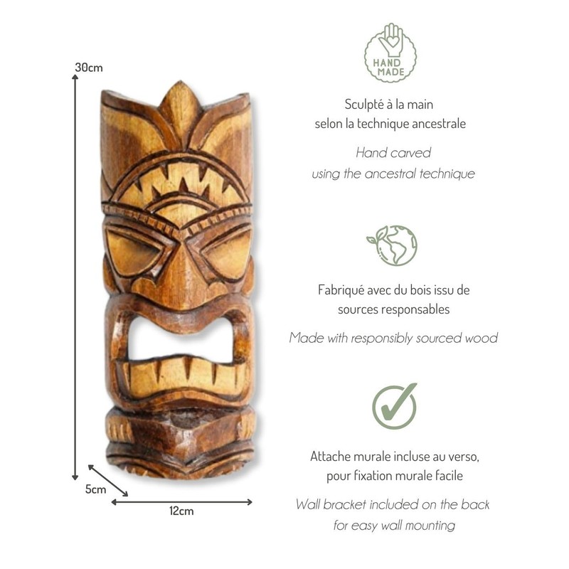 Artisanal Tiki Mask Height 30 cm Wooden Traditional Style Decorative