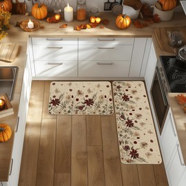 Artoid Mode Black Wildflower Leaves Floral Welcome Fall Kitchen Mats Set of 2, Autumn Home Decor Low-Profile Kitchen Rugs for Floor - 17x29 and 17x47 Inch