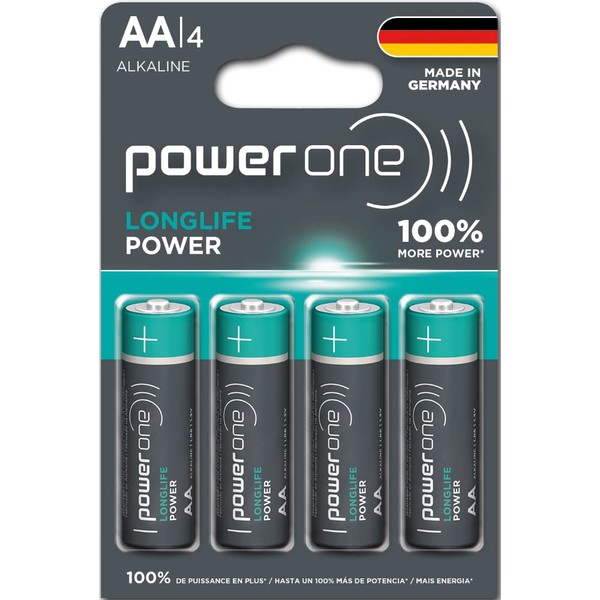 Power ONE LONGLIFE Power AA Battery Long Performing Alkaline Batteries Made in Germany with Up to 10 Years Shelf Life - Pack of 4