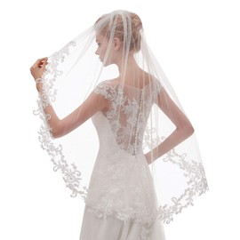 EllieHouse Womens Short Fingertip Length 1 Tier Lace White Wedding Bridal Veil With Metal Comb L69WT