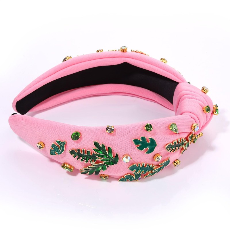 ZITULRY Flower Knotted Headbands for Women Pink Crystal Green Palm