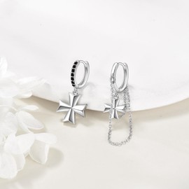 VONALA Cross Hoop Earrings 925 Sterling silver Asymmetrical Chain Hoop Earrings Hip HOP Grunge Style Jewelry Gift for Women Men Birthday Christmas