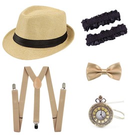 Gionforsy 1920s Accessories for Men 20s Gatsby Gangster Costume Accessories Set Panama Hat Set Roaring 20s Costume (Panama Hat-Beige)